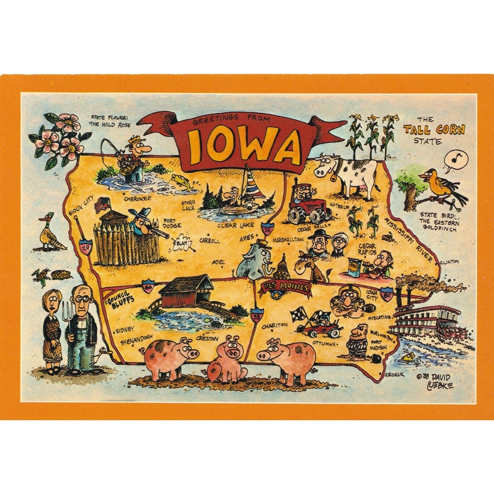 1988 Greetings From Iowa Map Postcard David Luebke Retro Americana Kitsch